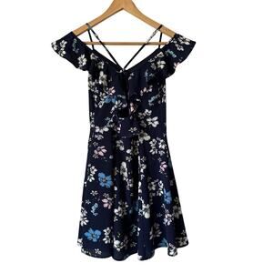 Hommage👗Los Angeles Size Small Blue Floral Fit & Flare Dress – Off Shoulder,